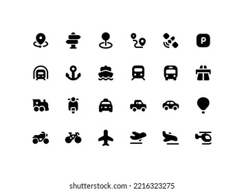 Cute map pointer solid glyph icon set with transportation related icons