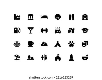 Cute map pointer solid glyph icon set with places related icons