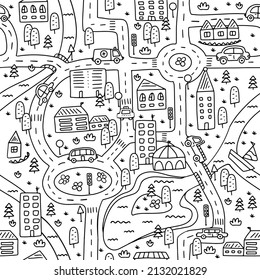 Cute Map Of A Small Town With Roads, Cars, Houses And A River. Seamless Pattern.