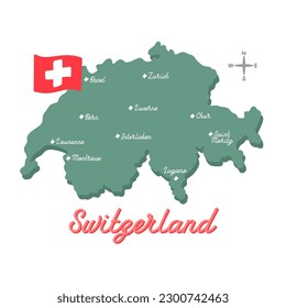 Cute map of Switzerland with main city names on it