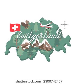 Cute Karte der Schweiz mit den wichtigsten Wahrzeichen und Symbolen