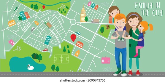 Cute map vector. Happy people, family with children, cute animals, birds, river, road, cars and park. Abstract road map. Map cartoon illustration with traffic