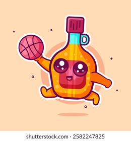 cute maple syrup bottle character mascot playing basketball isolated cartoon