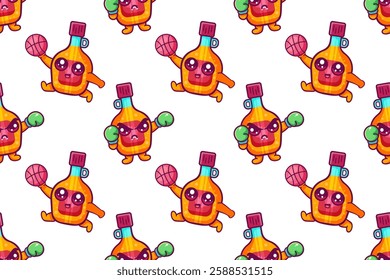 cute maple syrup bottle character seamless pattern illustration background