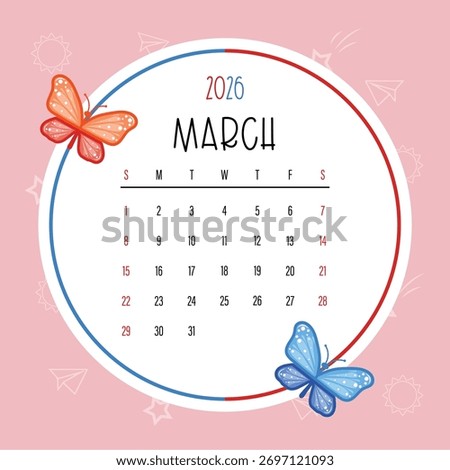 Cute March 2026 Calendar Template with Butterflies for Kids