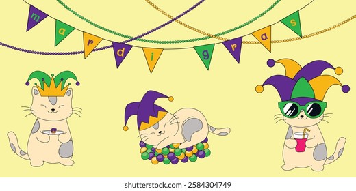 Cute Mardi Gras cats wearing jester hats and crowns. Clip art of Cute kitten illustration with festive Mardi Gras decorations 