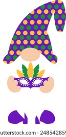 Cute Mardi Gras gnome with mask vector illustration.