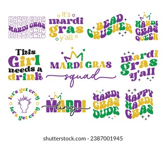 Cute Mardi Grass sayings retro wavy lettering typeset collection set or bundle on white background