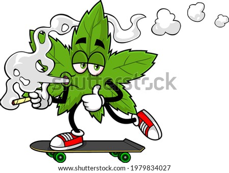 Cute Marijuana Leaf Cartoon Character Skateboarding And Smoking A Joint. Vector Hand Drawn Illustration Isolated On Transparent Background