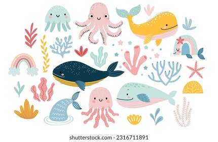 Cute marina life set with fish, whales, seaweed, marina elements for your design, childish hand drawn sea elements. Vector illustration.