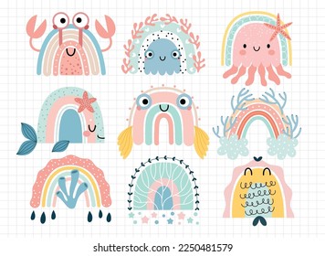 Cute marina rainbows for your design, childish hand drawn sea elements. Nursery theme, Vector illustration.