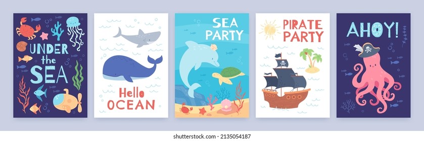 Cute marine animals cards for birthday, children pirate party invitation. Kids posters with sea creatures and corals, whale, octopus, under the sea poster, hello ocean greeting card vector set