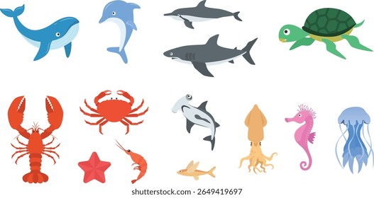 Cute Marine Animals Cartoon Vector Set Featuring Whales, Dolphins, Sharks, Turtles, and Sea Creatures for Educational and Decorative Use