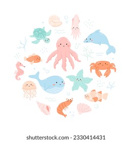Cute marine animals in circle arrangement. Under the sea world, aquatic characters with pretty manga face. Octopus, whale, crab, funny shrimp, squid and many water creatures. Vector illustration
