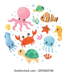 Cute marine animals in circular shape. Undersea world poster, card, background design element vector illustration