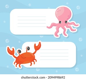 Cute marine animals memo pads with lines set vector illustration