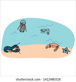 Cute marine animals on ocean floor cartoon vector illustration motif set. Hand drawn isolated sea life shrimp and lobster clipart for marine life blog, jellyfish and crab graphic.