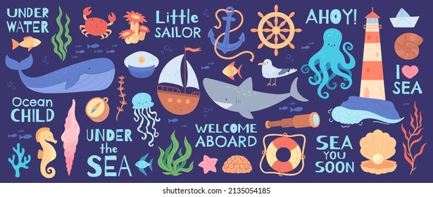 Cute marine animals, sea adventures, ocean elements with funny quotes. Underwater poster with octopus, shark, turtle, lighthouse, anchor, aquatic life vector illustration