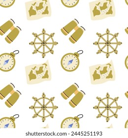 Cute marine baby pattern with compass and golden nautical elements. Seamless vector sea print for textile, fabric, nursery. Vector illustration of boat and water. 