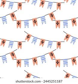 Cute marine baby pattern with flags with anchor. Seamless vector sea print for textile, fabric, nursery. Vector illustration of anchor and stripes. 
