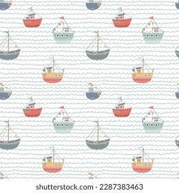 Cute marine baby pattern with ship. Seamless vector sea print for textile, fabric, nursery.