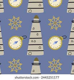 Cute marine baby pattern with ship wheel and lighhouse. Seamless vector sea print for textile, fabric, nursery. Vector illustration of sea equipment. 