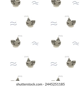 Cute marine baby pattern with ship and other nautical elements. Seamless vector sea print for textile, fabric, nursery. Vector illustration of boat and water. 