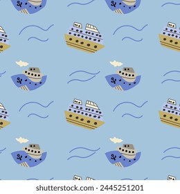 Cute marine baby pattern with ship and wave. Seamless vector sea print for textile, fabric, nursery. Vector illustration of boat and water. 