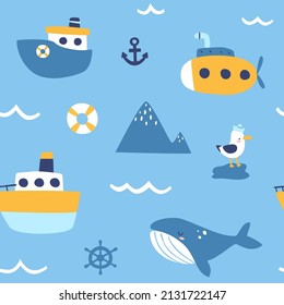 Cute marine baby pattern with ships and whale. Seamless vector nursery sea print for textile and wallpaper.