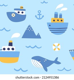 Cute Marine Baby Pattern With Steamship And Whale. Seamless Vector Sea Print For Textile, Fabric, Nursery.