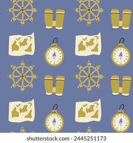 Cute marine baby pattern with wheel, compass, map. Seamless vector sea print for textile, fabric, nursery. Vector illustration of marine items on blue background. 