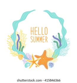 Cute marine background with hand drawn shells and starfishes and hand written text Hello Summer