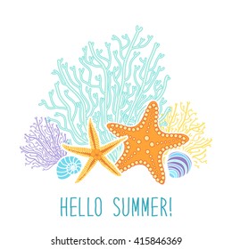 Cute marine background with hand drawn shells and starfishes and hand written text Hello Summer