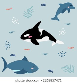 Un bonito fondo marino con orcas, delfines y tiburones. Ilustración azul de animales oceánicos para niños. Papel tapizado de temática marina para la decoración con peces y burbujas.