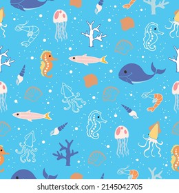 cute marine background. seamless pattern with sea animal icon on blue background. coral, seahorse, whale, shrim, seashell, jellyfish and octopus illustration. wallpaper, kids fashion, fabric, wrapping