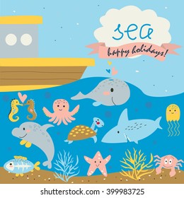 Cute marine background with turtle, x-ray fish, dolphin, crab, jelly-fish, shark, whale, sea-horses, octopus, starfish, corals and ship in cartoon style