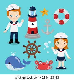 Cute marine boy and girl with navy object collection set. Flat vector cartoon design