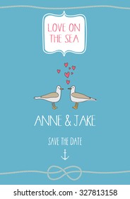 Cute marine card with seagull. Funny cartoon background in vector. invitation