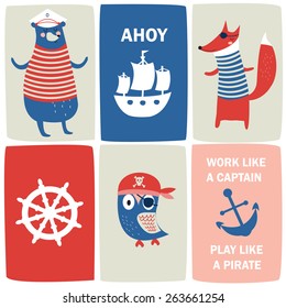 Cute marine cards with pirates and sailor attributes in cartoon style