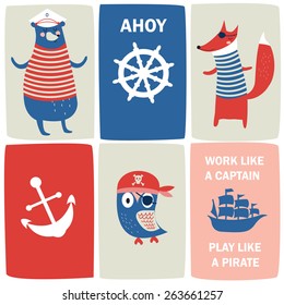 Cute marine cards with pirates and sailor attributes in cartoon style