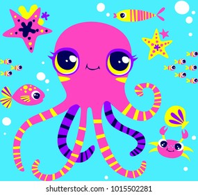 Cute marine character.
Pink octopus with fish and sea crab on a blue background. Bright children's seamless pattern. Vector print.