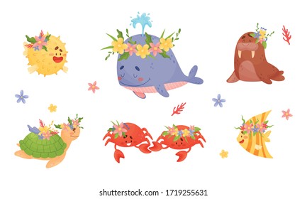 Cute Marine Creatures with Flowers on their Heads Vector Set