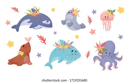 Cute Marine Creatures with Flowers on their Heads Vector Set