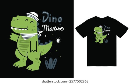 Cute marine dino illustration with tshirt design premium vector the Concept of Isolated Technology. Flat Cartoon Style Suitable for Landing Web Pages,T shirt, Flyers, Stickers