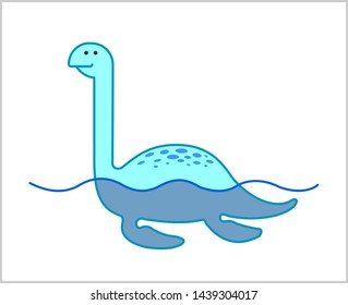 Cute Marine Dinosaur with Flippers, Dino. Loch Ness Monster. Elasmosaurus. For Print. Modern flat Vector image Isolated on white background.