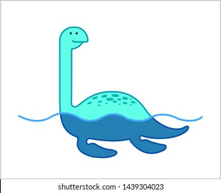 Cute Marine Dinosaur with Flippers, Dino. Loch Ness Monster. Elasmosaurus. For Print. Modern flat Vector image Isolated on white background.