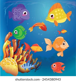 Lindo pez marino aislado. Conjunto de peces de acuario de agua dulce dibujado para imprimir, desarrollo de los niños. Variedades de peces de color decorativo, diseño geométrico plano