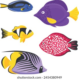Cute marine fish isolated. Set of freshwater aquarium fish drawn for print, children development. Decorative color fish varieties, flat geometric design