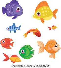 Cute marine fish isolated. Set of freshwater aquarium fish drawn for print, children development. Decorative color fish varieties, flat geometric design