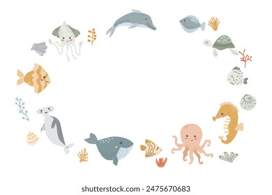 Cute marine frame with sea animals, shell, dolphin and other ocean inhabitants. Nursery pastel design. Childrens sea animals background.
